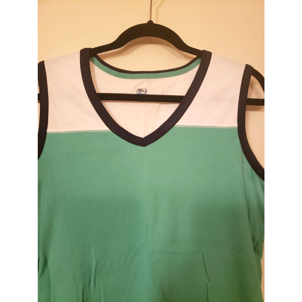SJB Active Mint Green White Sleeveless V Neck Navy Trimmed Tank Shirt Women Sz L